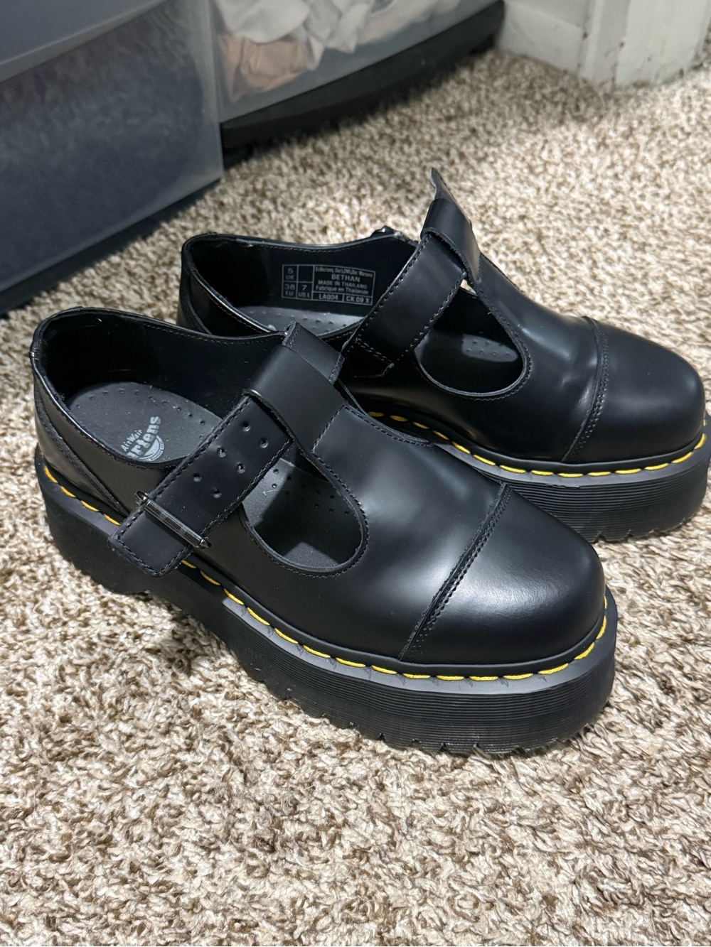 Dr. Martens Black Platform Mary Jane with Yellow Stitching